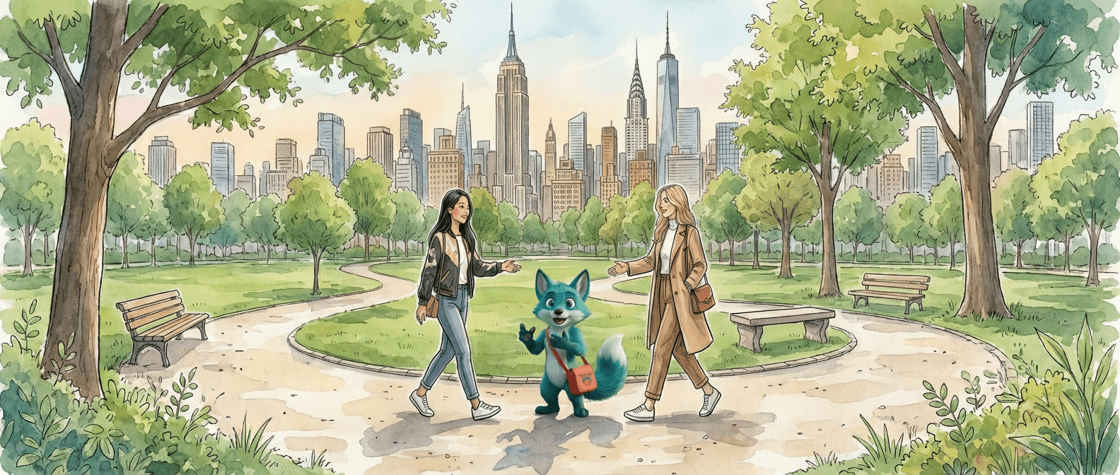 Two women meeting in a park with Milo helping them connect