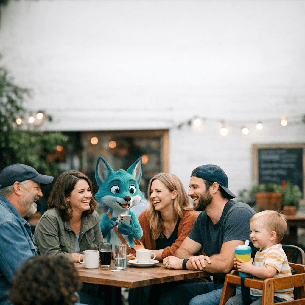 Friends and family laughing together at a cafe