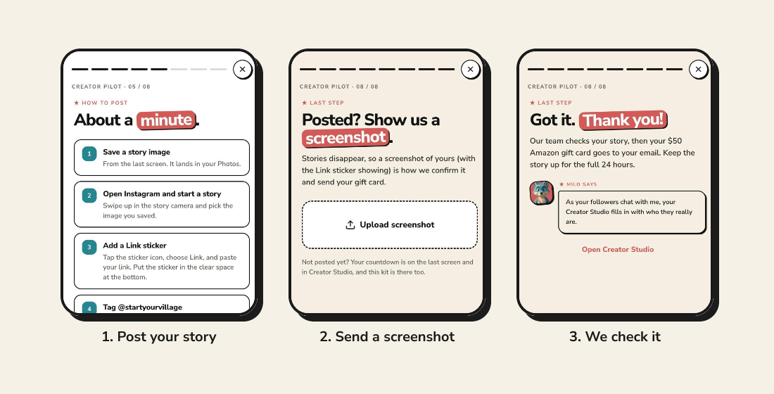 Three screens from the pilot kit: the five steps to post your story, the screenshot upload, and the thank-you once it arrives