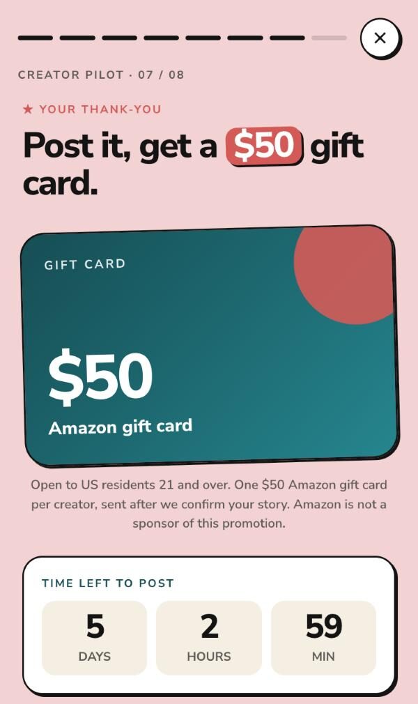 The gift card screen in the pilot kit, showing a $50 Amazon gift card, the terms line, and a countdown of the time left to post