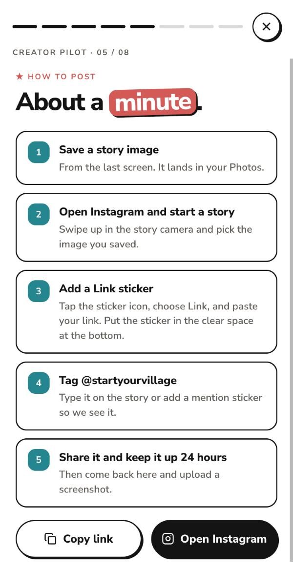 The how to post screen in the pilot kit, listing the five steps with Copy link and Open Instagram buttons