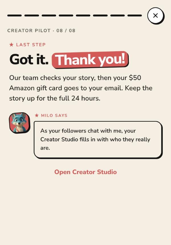 The kit after an upload, saying the team checks your story and then emails your gift card