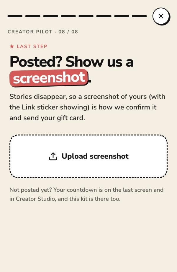 The last kit screen, titled Posted? Show us a screenshot, with an upload button